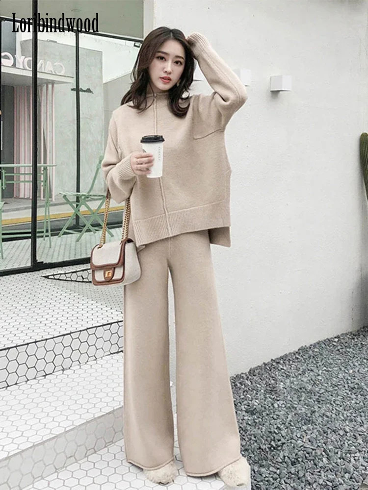 Loribindwood Knitted Sweater Wide Leg Pants Suit for Women Autumnwinter Korean Loose Fashion Twopiece Set 260916