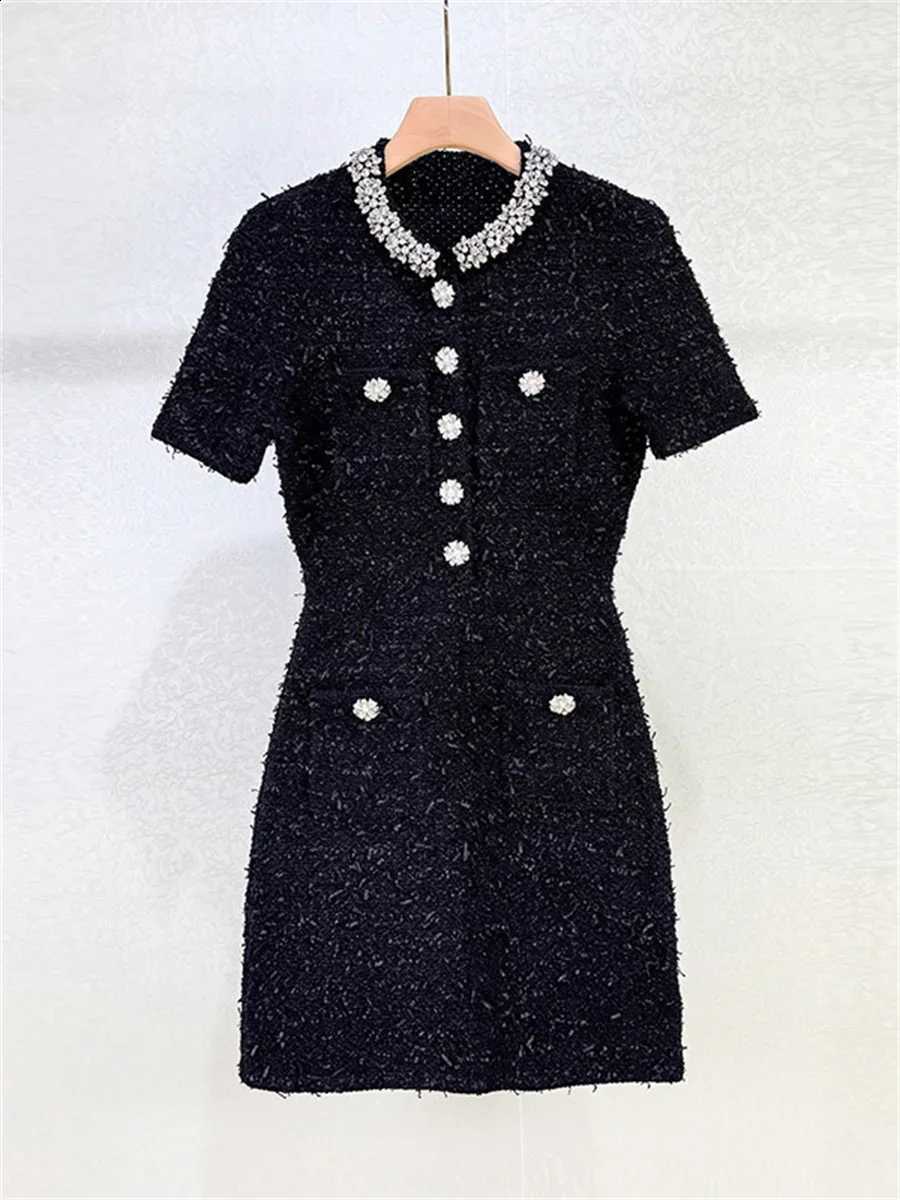 Neck Diamond Round Embellished Women's Knit White or Black Robe Short Sleeved Knitted Slim Fit Dress for Lady C260917