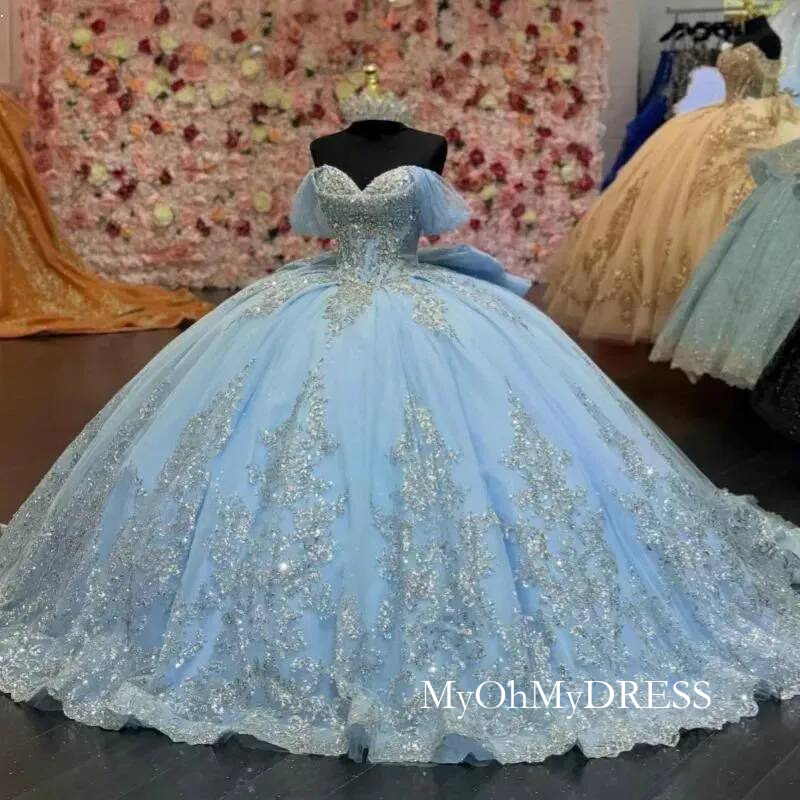 Sky Blue Shiny Quinceanera Dree Ball Gown Off The Shoulder Sequin Applique Lace Beading Crytal Bow Coret Tull Party Birthday Sweet 16 Dre Vetido 15