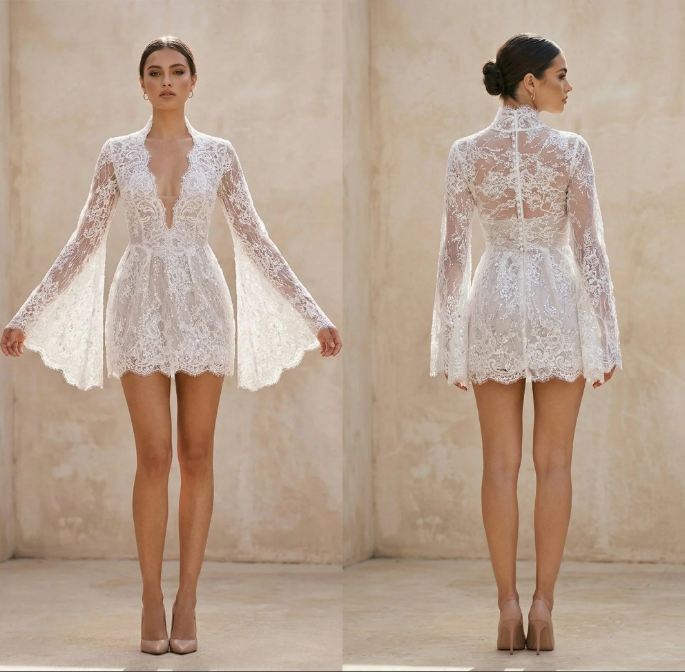 White Lace Short Wedding Dress Deep V Neck Bell Long Sleeve Mini Bridal Gown High Neck Back Boho Wedding Reception Dress For Bride After Party Dress