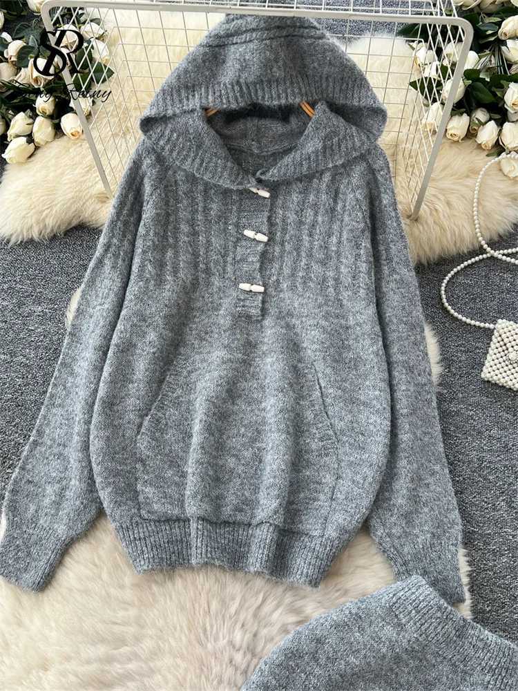 Piece SINGREINY Winter Sweater Two Suits Female Loose Hooded Pullover+Elastic Waist Long Skirt Casual Autumn Thick Warm SetsW260915