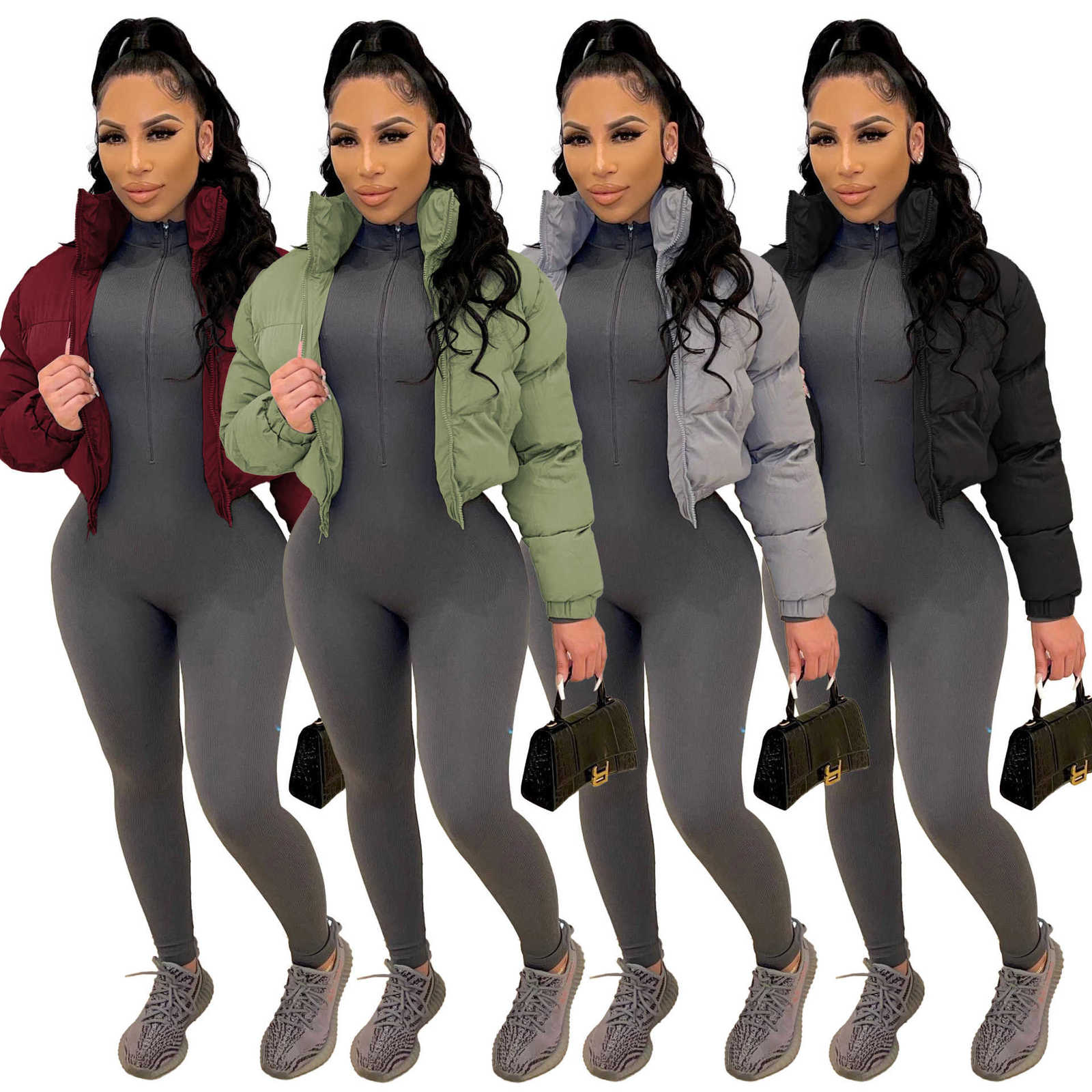Cropped Fall Zip Up Turtleneck Puffer Jacket Solid Color Winter Clothes Women Bubble Coat Outwear H260917