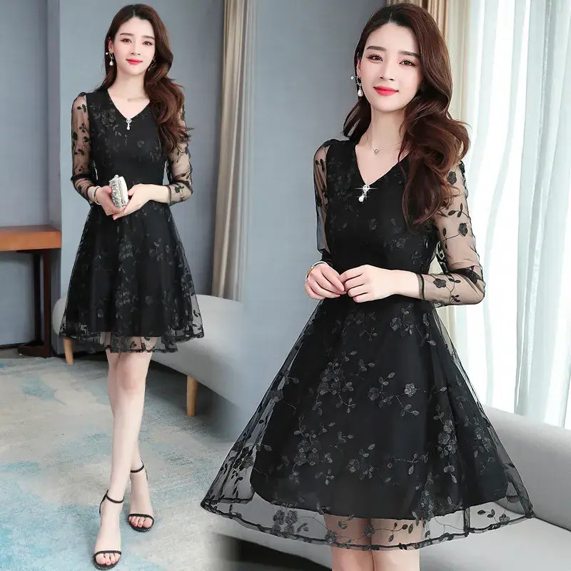 Women Casual Dress Blue Casual Chiffon Mesh Korean Long everyday Dress Summer Women Tunics Midi Fashion Elegant Prom Evening Dresses Short Sleeve La