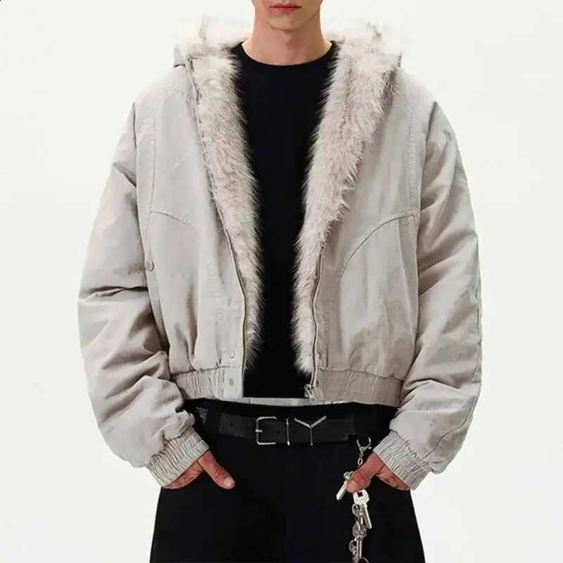 Padded American Style Jackets Men's Hooded Solid Color Faux Fur Vintage Casual Tops Deconstruction Fleece Male Coats 9XV77U W260915