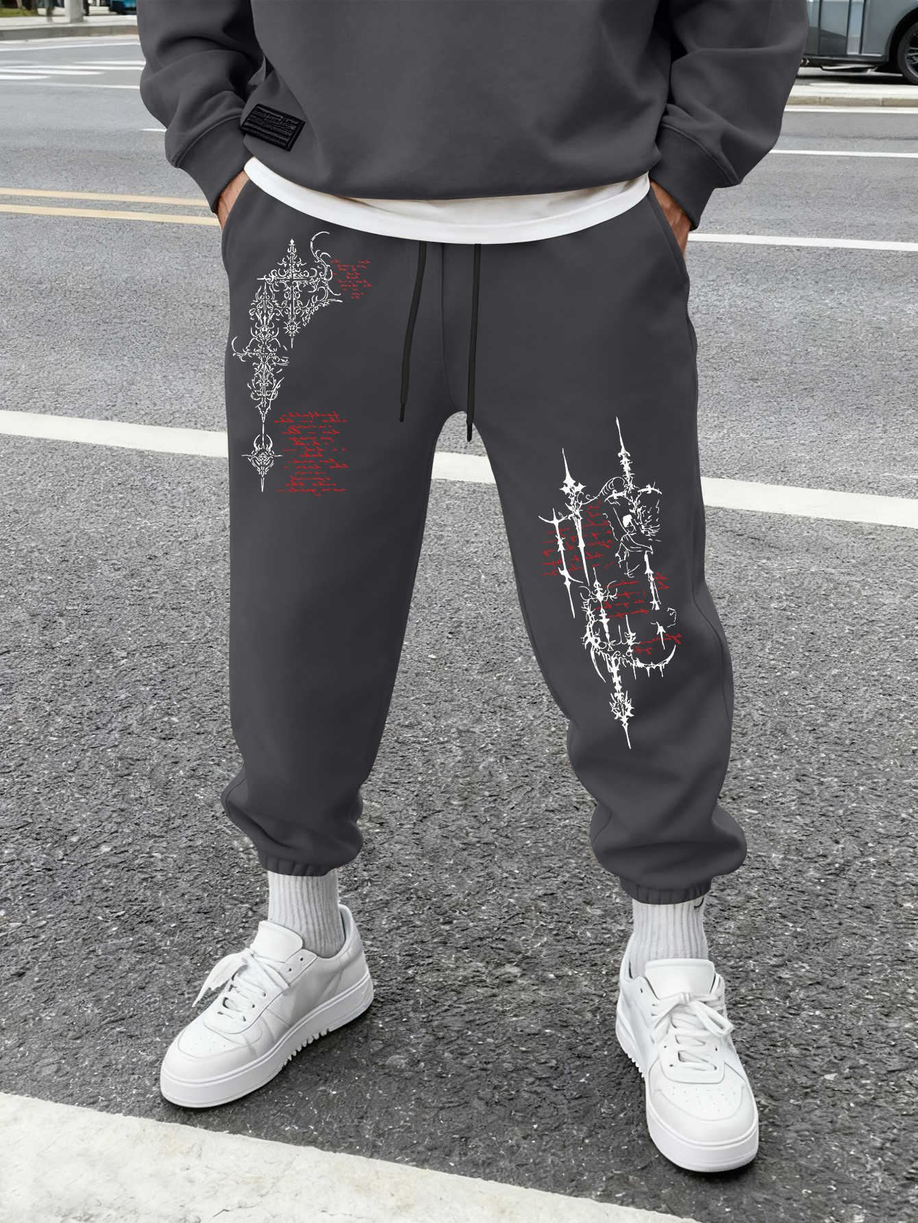 Gothic Sword Dark Cursive Text Graphic Joggers Drawstring Elastic Waist Men Casual Cuffed Hip Hop Sweat PantsT260917