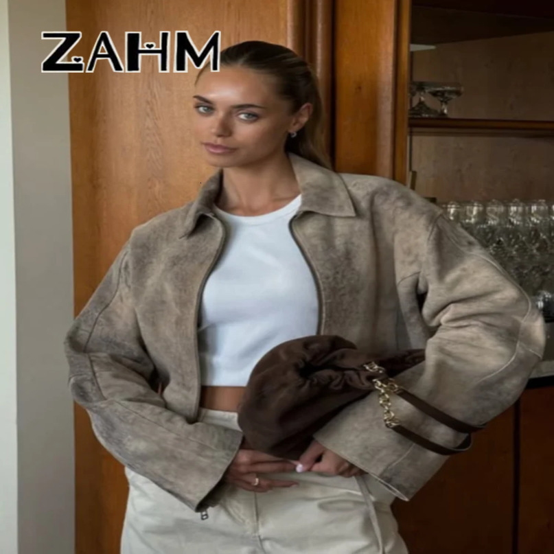 Vintage Tiedye Suede Women Jacket Long Sleeve Lapel Zipper Slim Female Short Jackets 2026 Spring Pocket Lady Outwear 260916