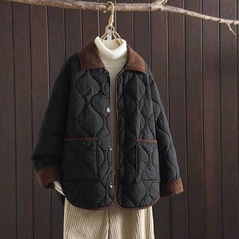 Down Collar Contrast Trim Turn Quilted Jacket Button Pocket Loose Warm Short Coat H260917
