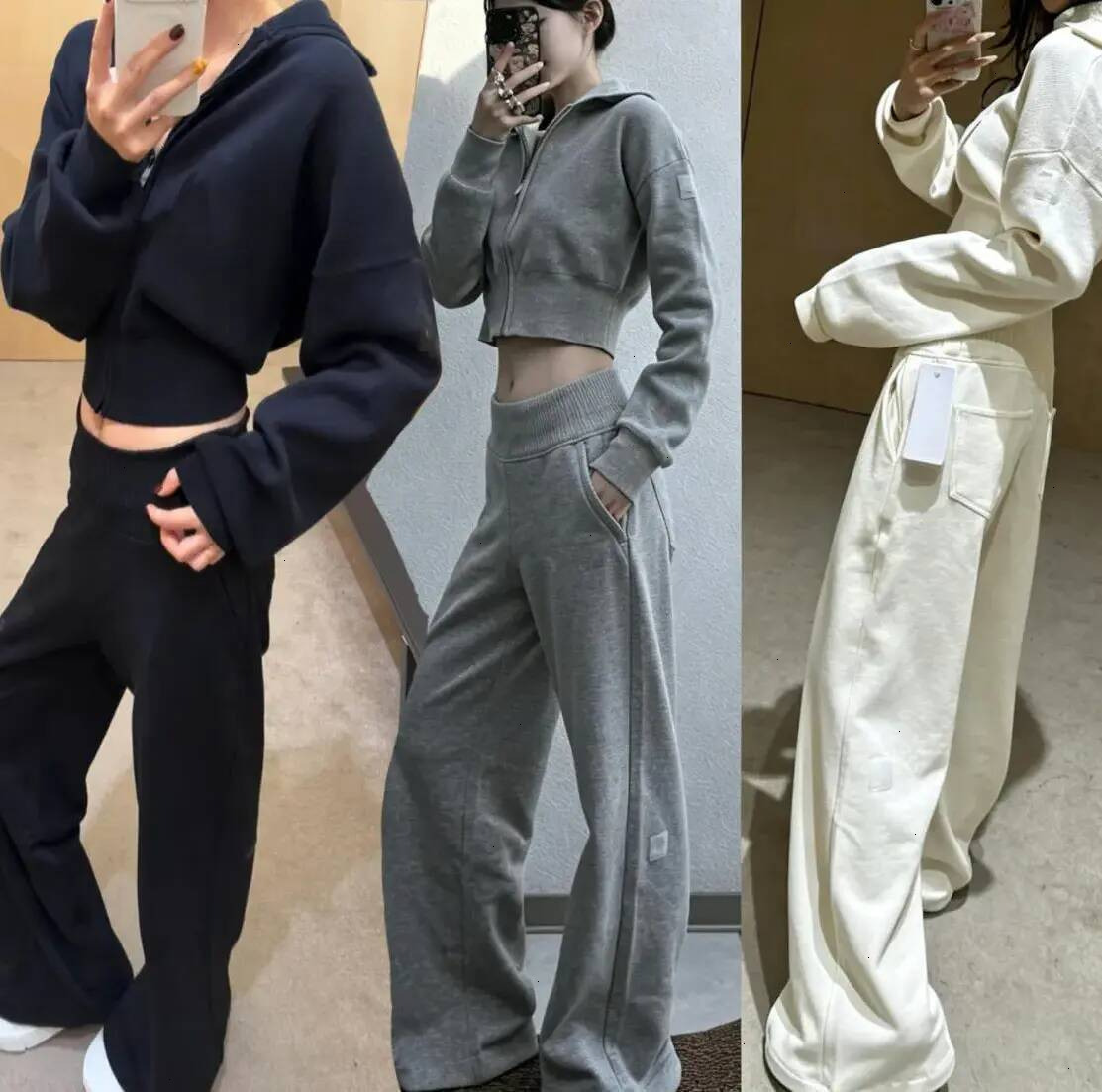 aLoSerenity Wide Leg Sweatpants Designer Women Knit Set GymScholar Full Zip Jacket Yoga Cardigan Cropped knitted Sweater Coat Winter Outfit Activewe