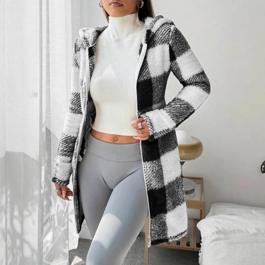 Womens Coats Winter Manteau Warm Plush Pocket Coat Plaid Print Hooded Long Zip Cardigan Sobretudo Feminino Inverno 260917