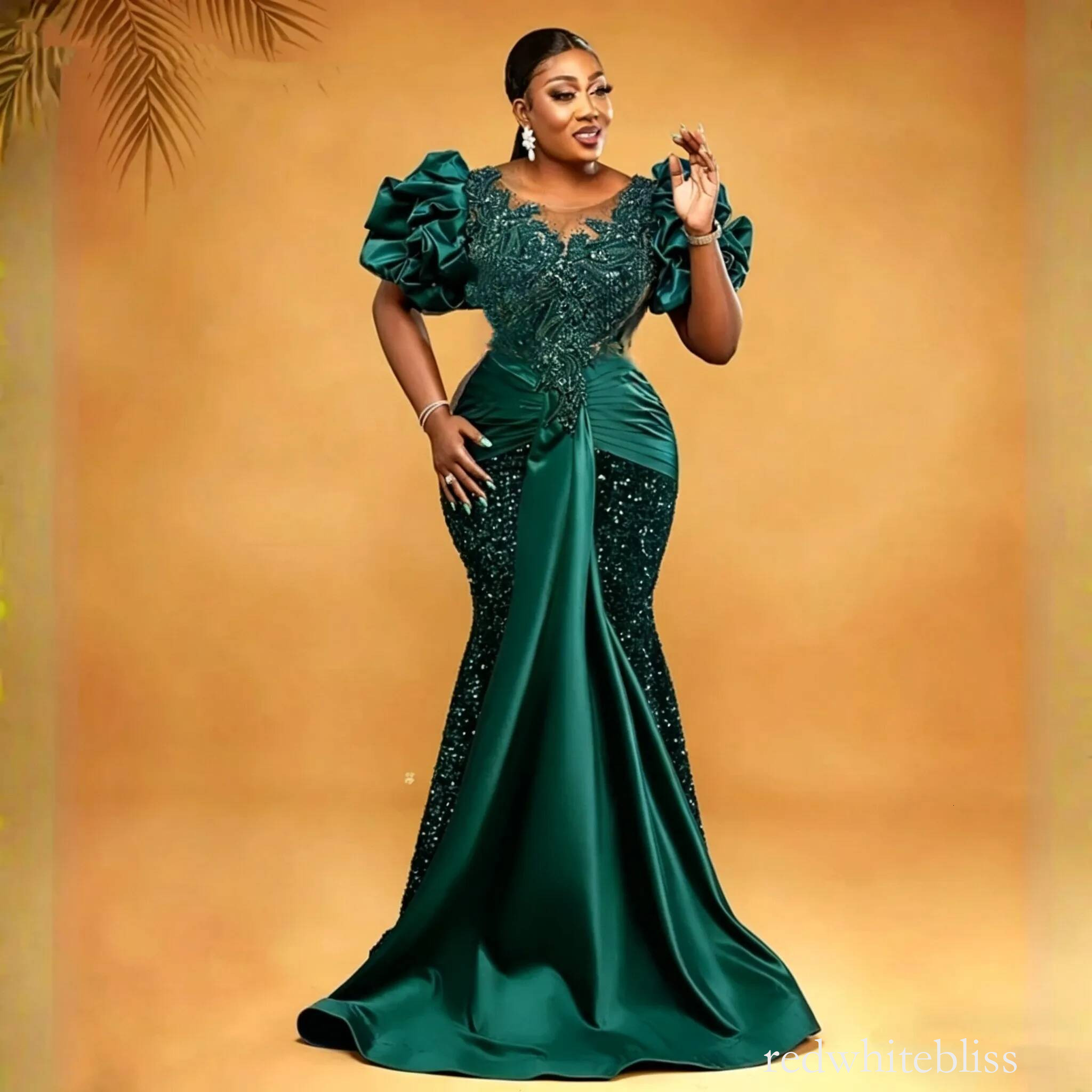 Aso Ebi Green Sequin Mermaid Prom Dress Lace Appliques Bodice Detail Jewel Neckline Puff Sleeve Sweep Train Women Formal Party Evening Gowns