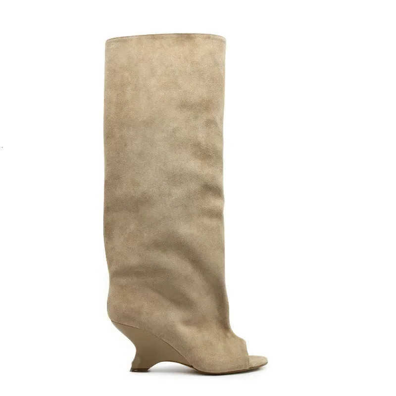 High Women's Fish Mouth Thick Heels Knee Length Cool Boots Slant Heel fashion Show Long Boots Spring/Summer Shoes Women's Boots D260917