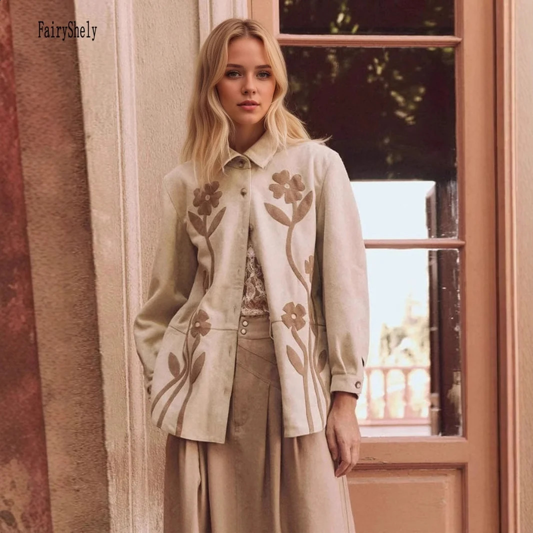 2026 Winter Casual Flower Wool Plush Long Jacket Women Khaki Puff Sleeve Thick Coat Ladies Elegant Button Warm Female 260916