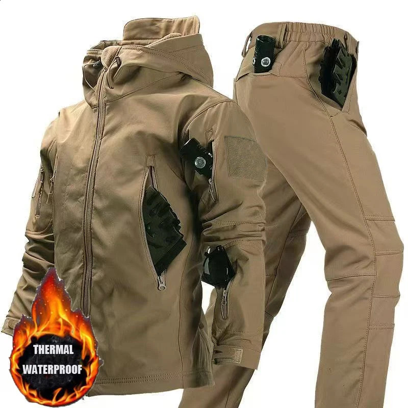 Tactical Men Winter Set Fleece Parkas Cargo Jackets Windbreak Hiking Camping Pant Climbing Tracksuit Sharkskin Casual Hood Coats 260917