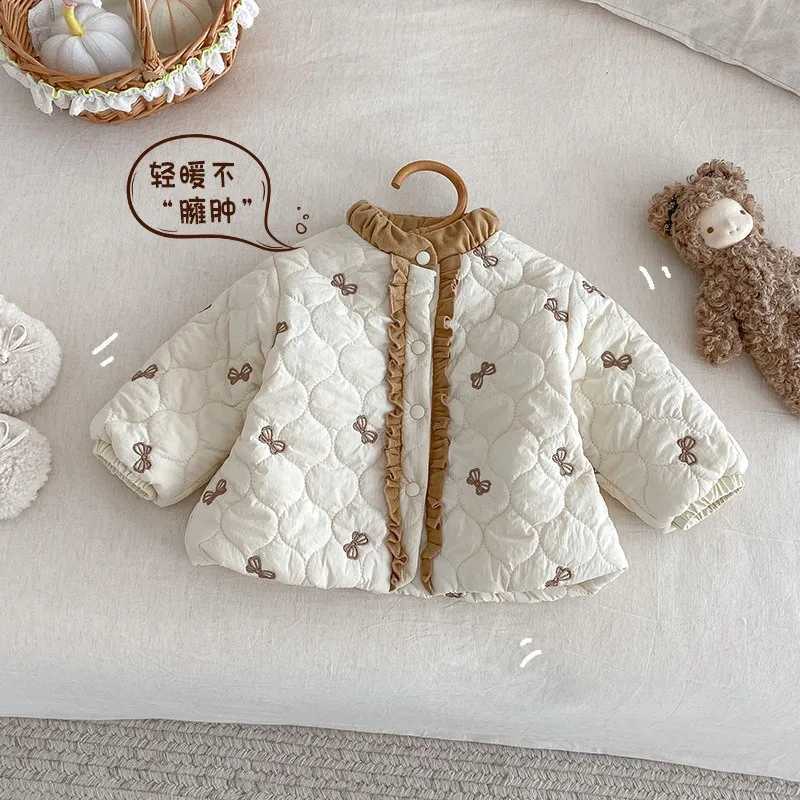 Quilted New Winter Baby Girl Jacket Vintage Bowknot Printed Ruffled Collar Long Sleeve Coat Warm Thick Infant Outerwear B5148 J260917