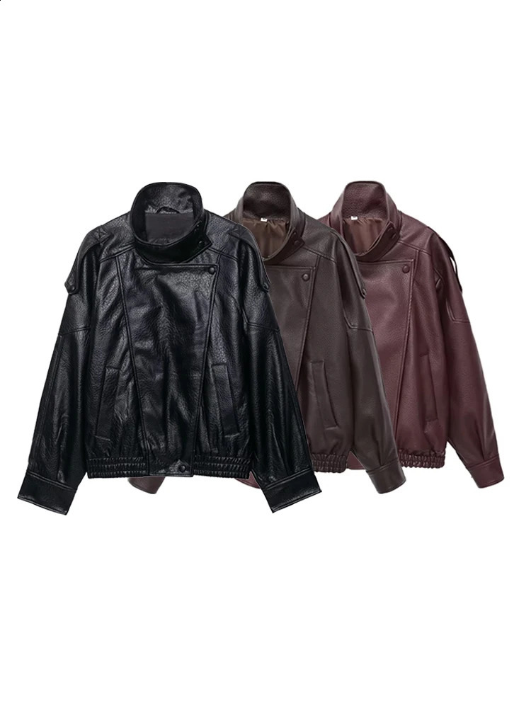 Women's Fashion Faux Leather Oversized Jacket Long Sleeve Front Zipper Chic Outerwear Female Tops 260916