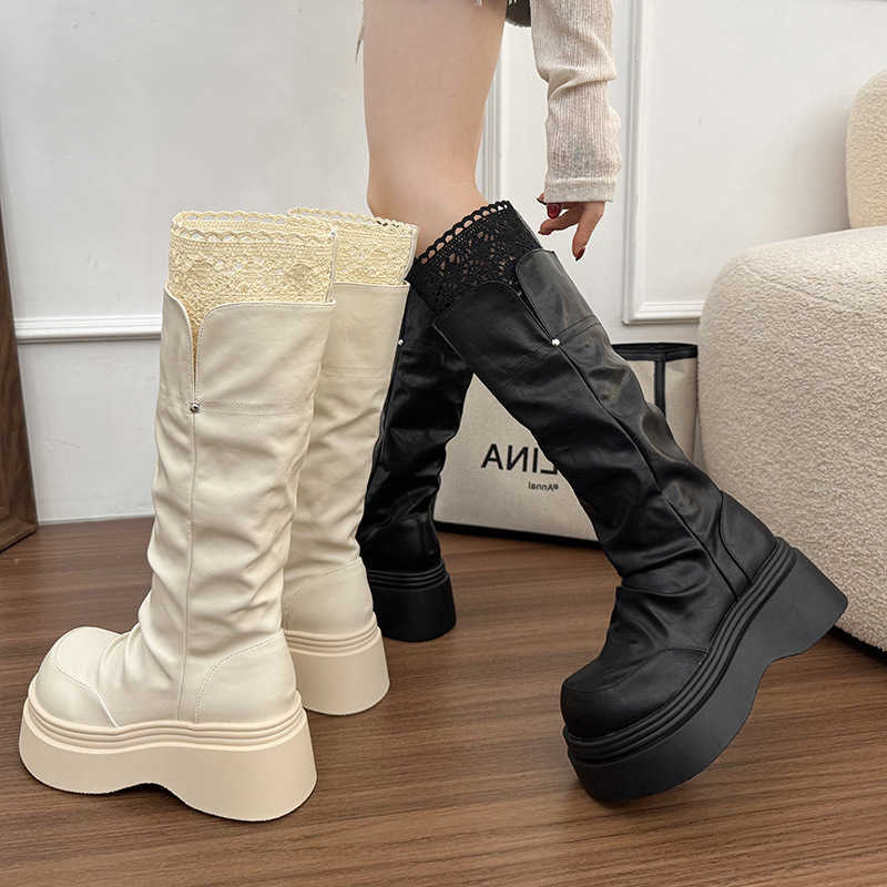 Spring Boots 2026 Women's Calf New Autumn Boots Style White Platform Knee High Slim Fit Riding Boots For Dresses D260917