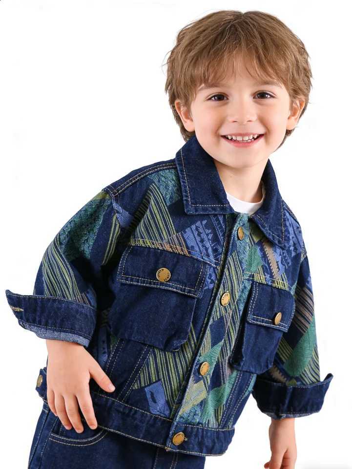 Boy Cute Toddler Ethnic Denim Coat Soft Warm Vintage Print Jacket Durable Casual Outwear For Boys Daily Play SchoolT260916