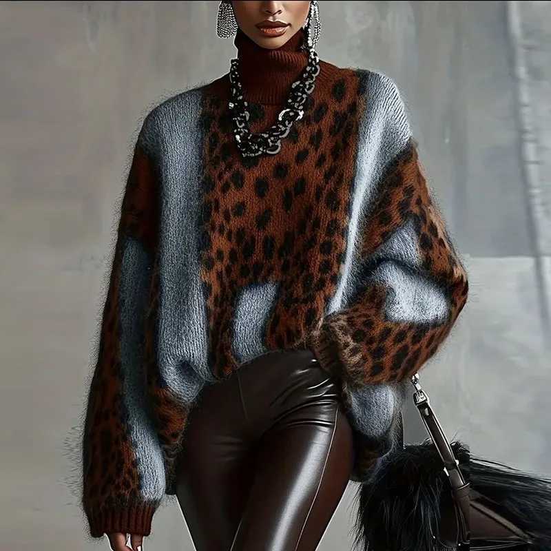 Patchwork Leopard Print Sexy Woman Sweater Autumn Turtleneck Loose Knitwear Top Pullover Winter Long Sleeve Warm Sweaters Jumper J260916