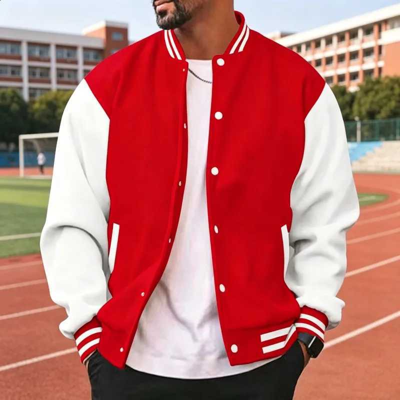 Contrast Mens White Classic Black Varsity Jacket Striped Rib Trim Button Up Loose Baseball Bomber Casual Street Outer Coat N260905