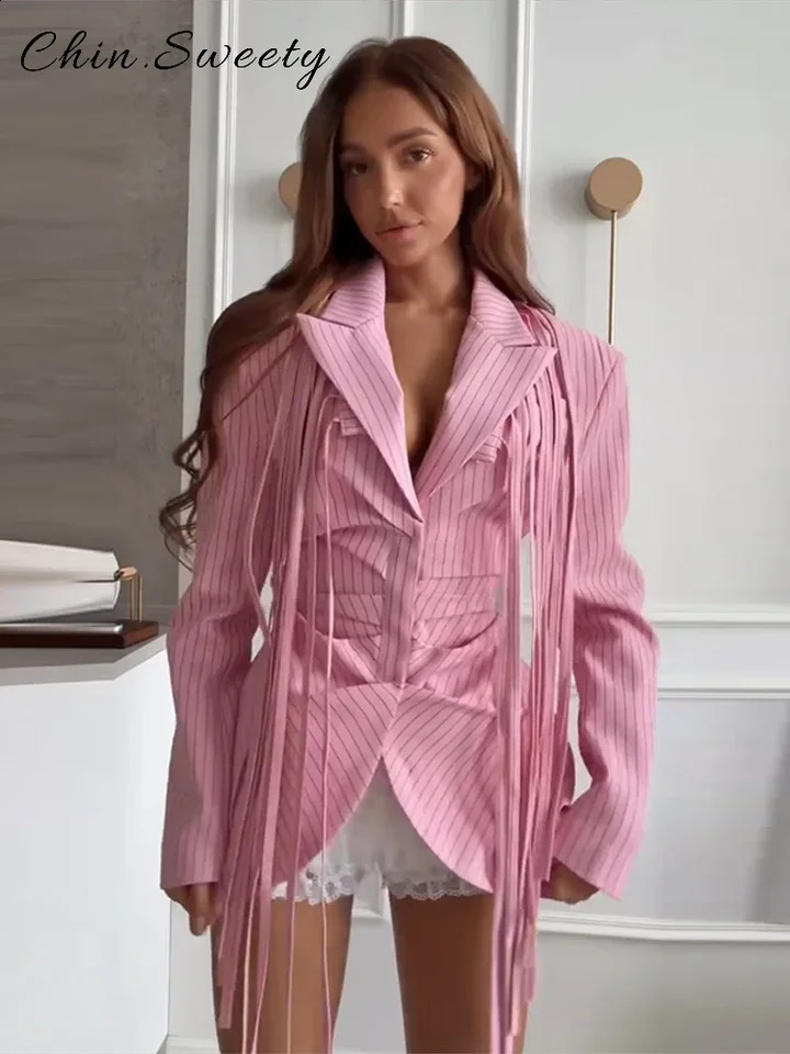 Street Women's Striped Tassels Waist Cinched Suit Jacket Lapel Hidden Buckle Full Sleeve Jackets 2026 Spring Commute Outwear 260917