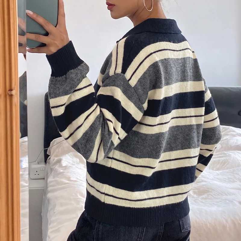 Pullovers Women Sweaters Turn Down Collar Full Slve Vintage Jumpers Y2k Strtwear Elegant Knit Striped Autumn Winter 2026 S260917ZCFW