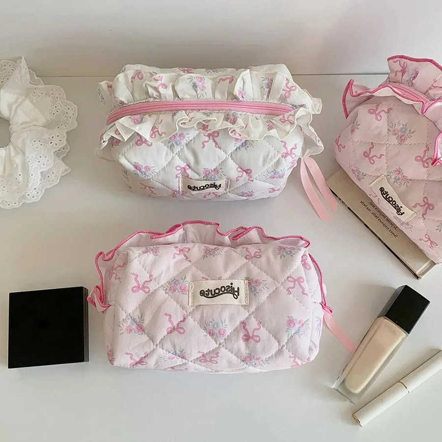 Flower Cute Bow Quilted Cotton Makeup Bag for Women Girls Portable Zippered Cosmetic Organizer Cloth Handbag Toiletry CaseT260917