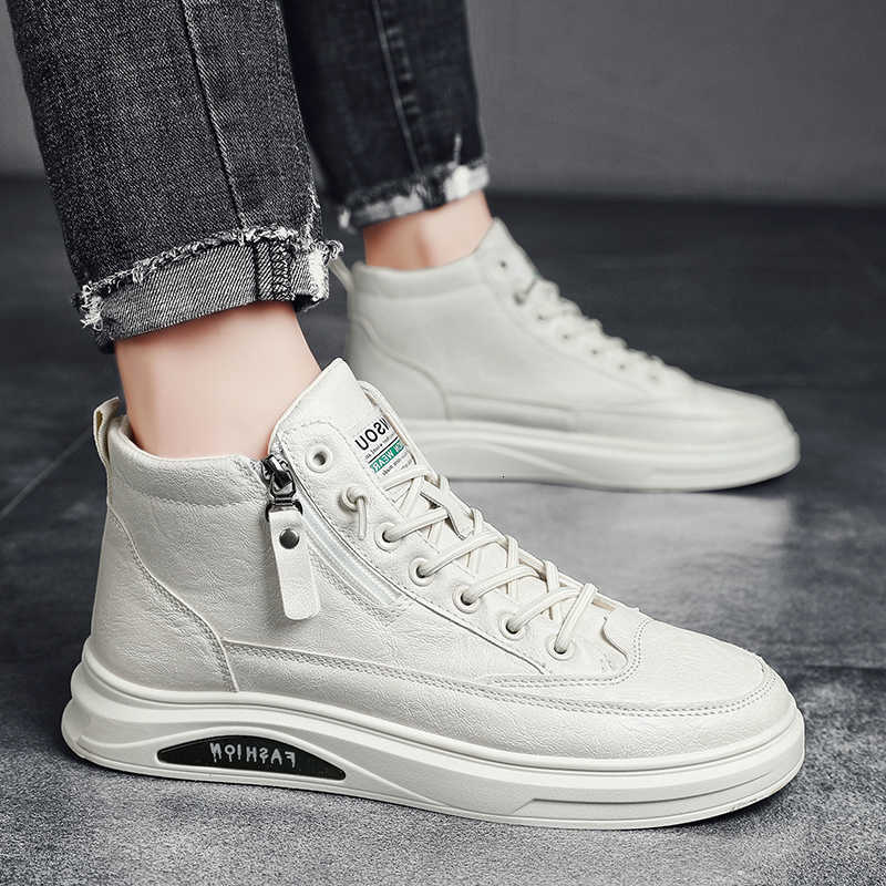 High-Top Casual Slip-On Boots Men's Versatile Trendy Shoes Wear-Resistant Laced Flat Heel round Toe PU Leather Boots D260917
