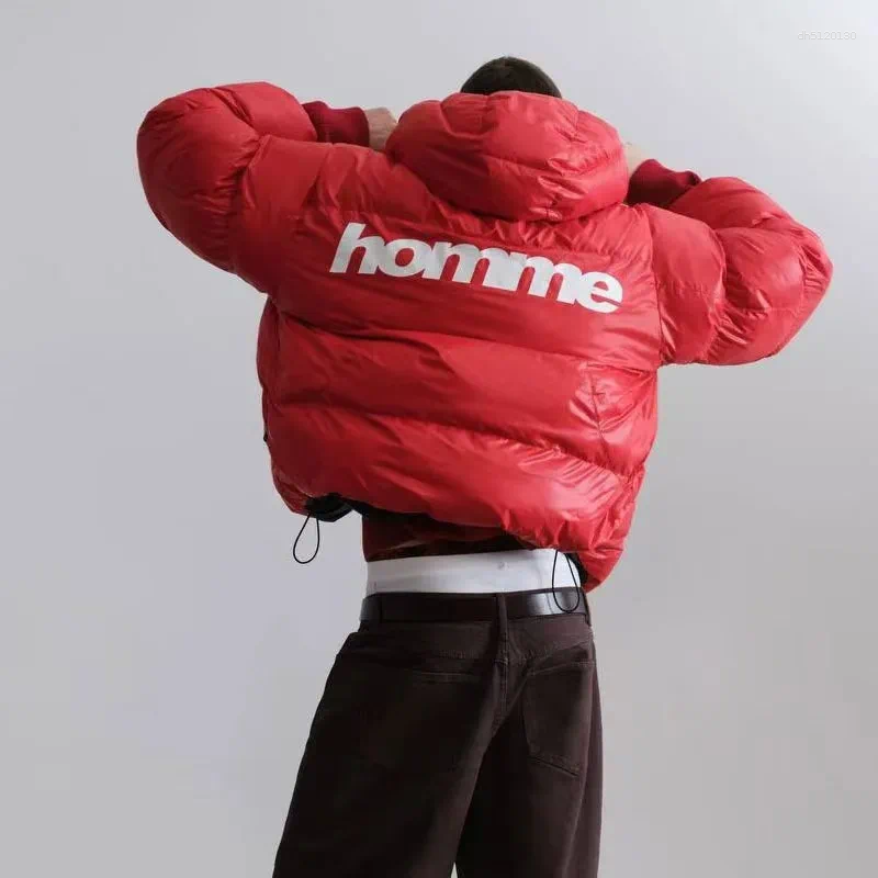 Men Winter Warm Puffer Parkas reversible Back Print Hooded Down Oversized Windproof Coat Couple Bubble Black White Y2k Outwear Jacket