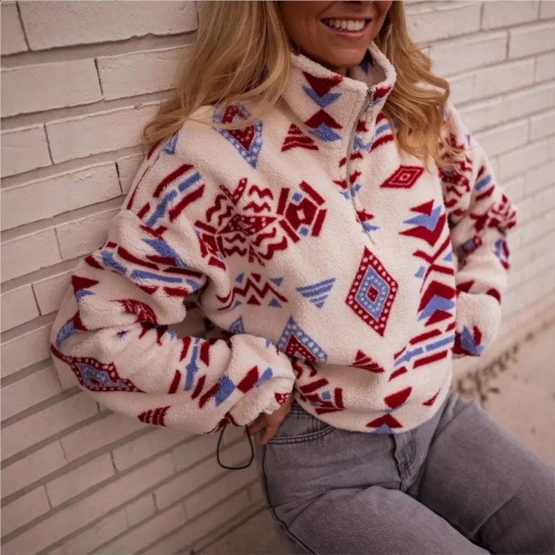 Women's Casual Printed Halfzipper Pullover Fleece Coat Winter Fashion Female Doublesided Plush Warm Longsleeved 260917