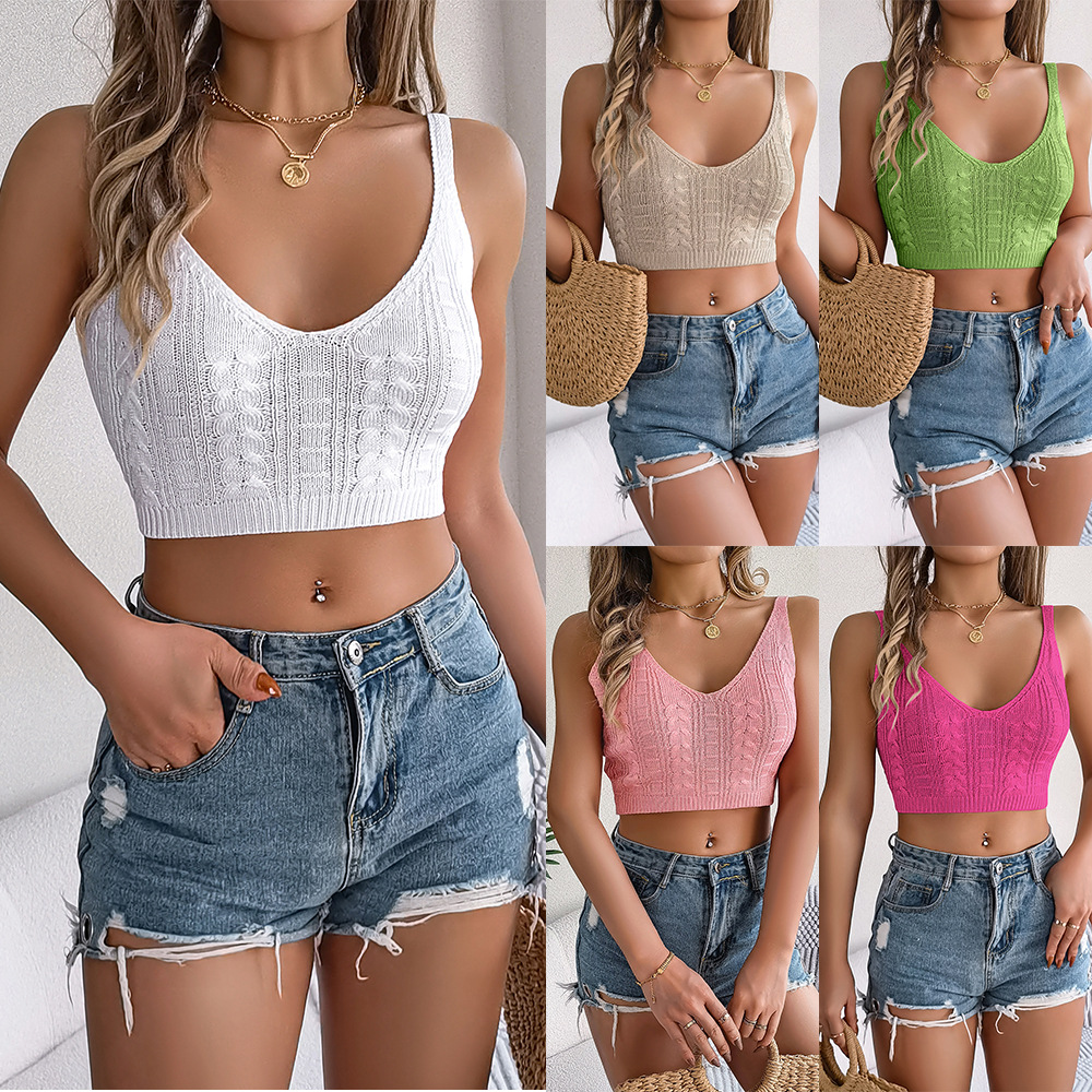 2026 Spring/Summer Fashion Casual Solid Color Hollow Sleeveless Knitted Shirt Fashion Metal Buckle V-neck Knitted Shirt Top S-2XL