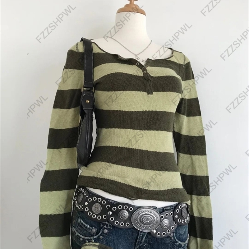 Retro womens striped solid color shirt chic and stylish round neck millennial American aesthetic Emo Girls casual everyday tops 260916