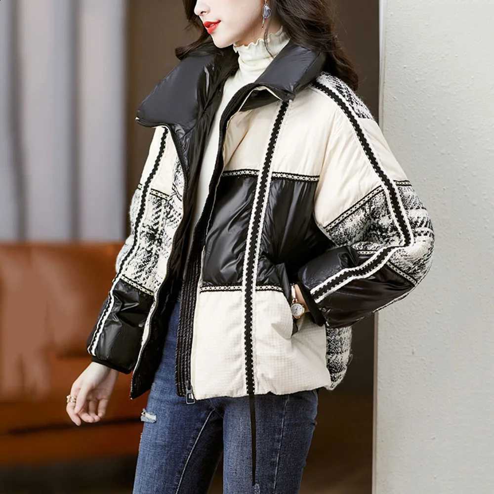 Winter Puffer Jacket Women Stand Collar Patchwork Woolen Plaid Knitted Warm Parkas White Duck Down Coat Female Bread Clothing H260917