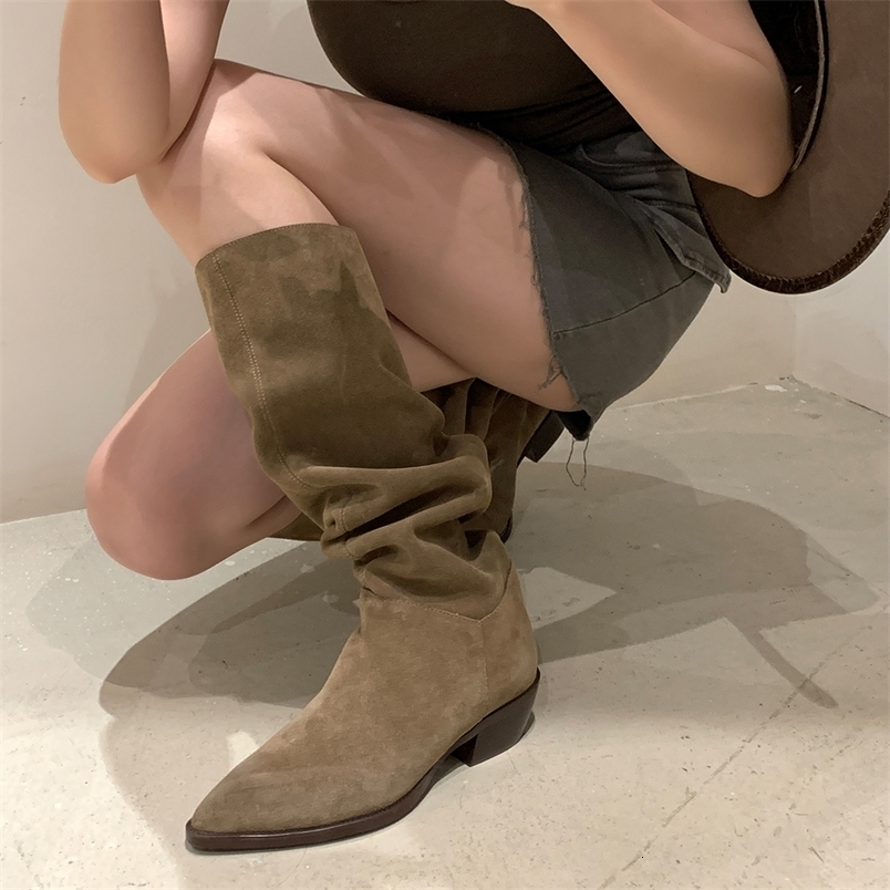2026 Kid Suede Retro Women Boots Autumn Winter SlipOn Boots for Women Pointed Toe Square Heel Basic Shoes Kneehigh boots 260917