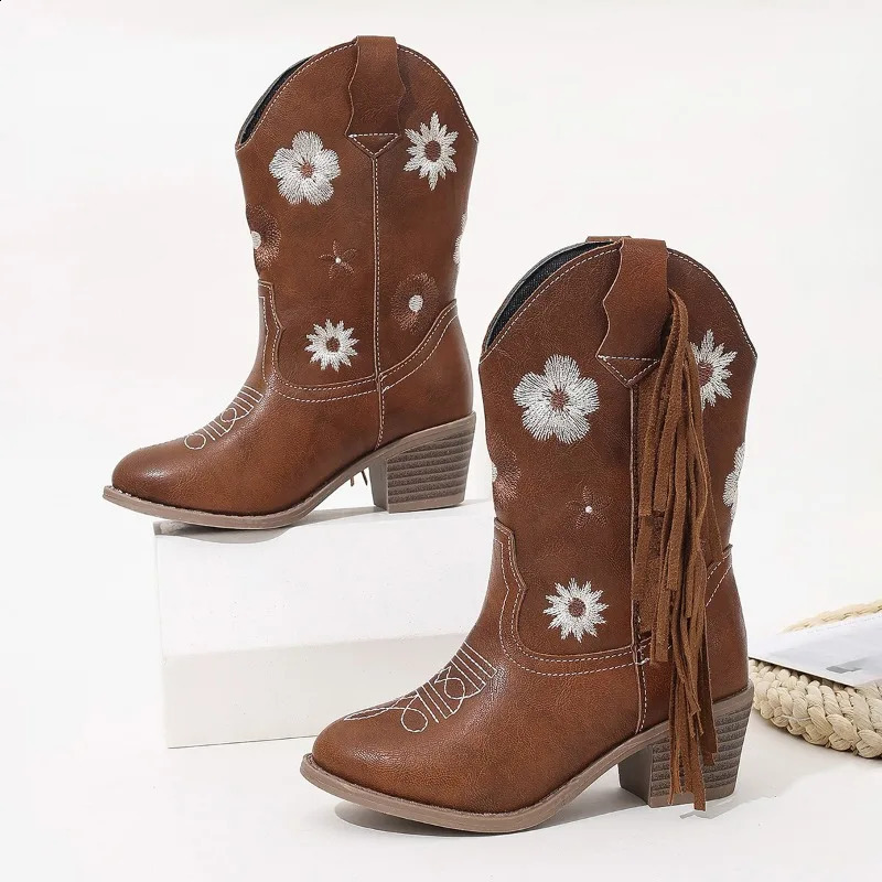Girls Floral Embroidered Cowboy Boots Children Brown Tassel Long Boots Kids Heeled Point Toe Boots Western Style 2026 260916