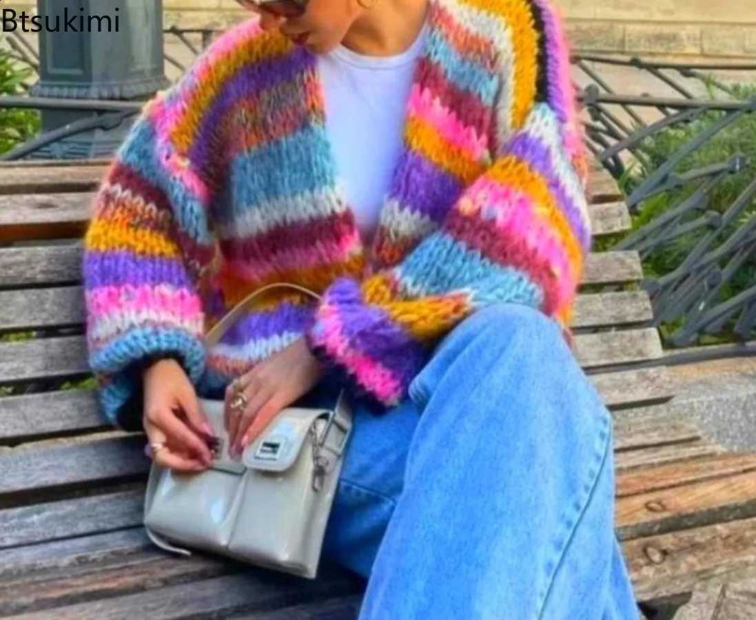 Sweater 2026 Women Cardigan Colorful Striped Knitted Coats Long Sleeve Knitwear Jackets Fall Winter Casual Versatile Cardigan J260916