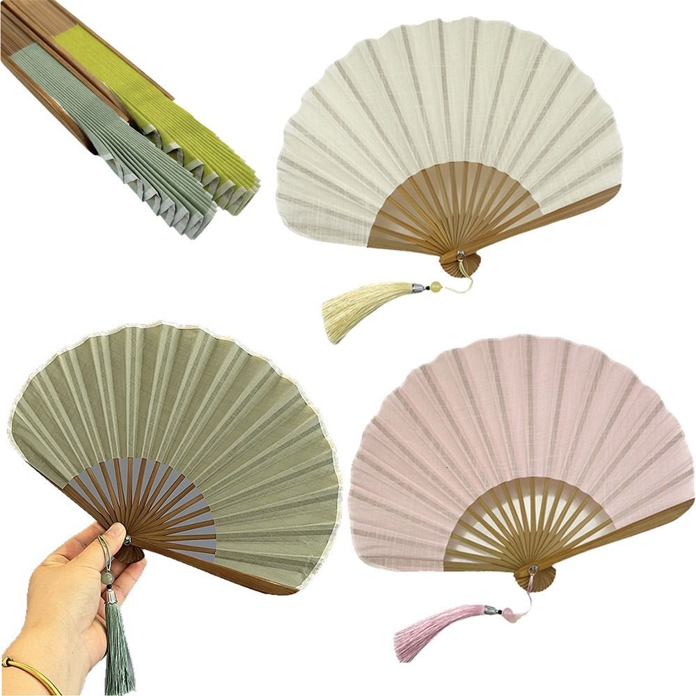 Cotton Linen Cloth Folding Hand Bamboo Frame with Tassel Mini Shell Decoration Solid Color Retro Handheld Fan