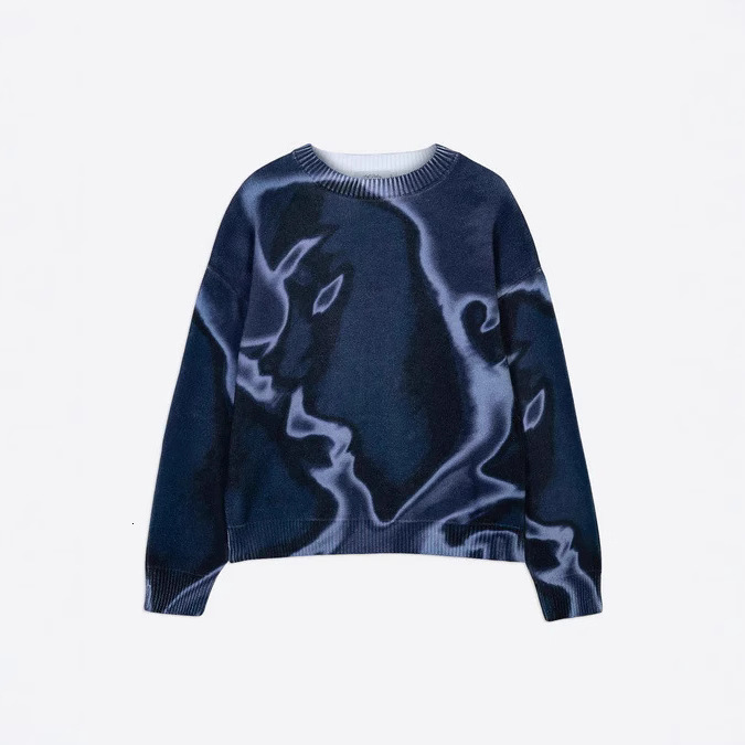 Spring New European and American Retro Harajuku 3D Printed Thick Knit Crew Neck Sweater Unisex Y2K Loose Fit 86