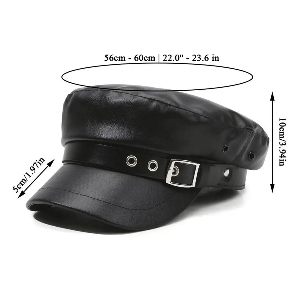 Vintage England Black PU Leather Flat Top Beret Hat