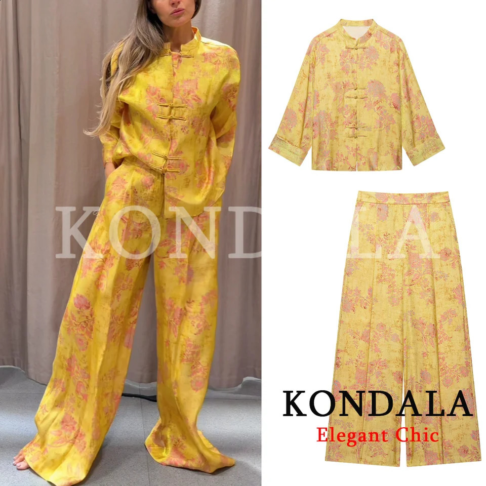 KONDALA Women Elegant Vintage Printed Pants Set Rope Buttons Shirts Long 2026 Spring Early Fall Holiday High Street 260916