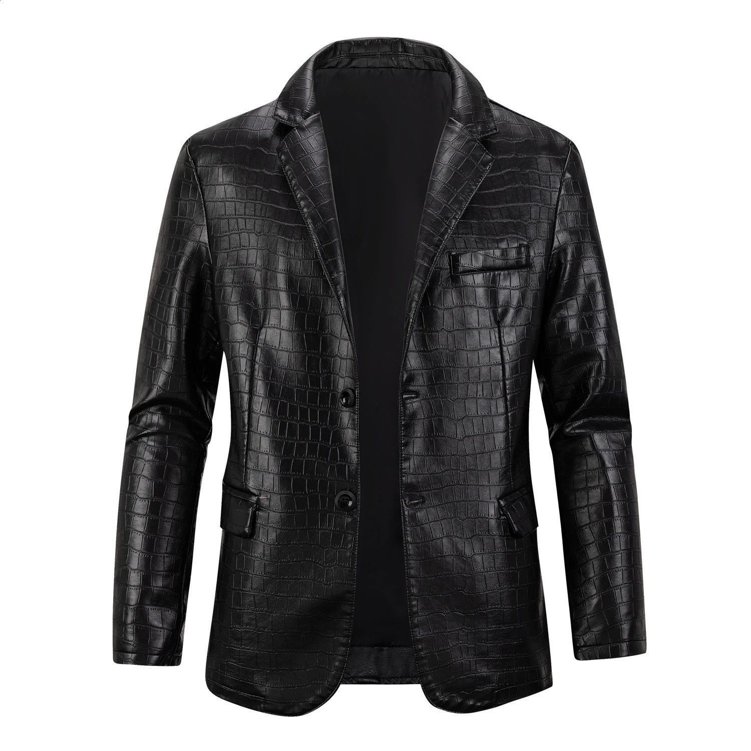 Men's Faux Leather Pattern Jacket Single Row Large Lapel Suit Style Chest Pocket PU Coat 260917