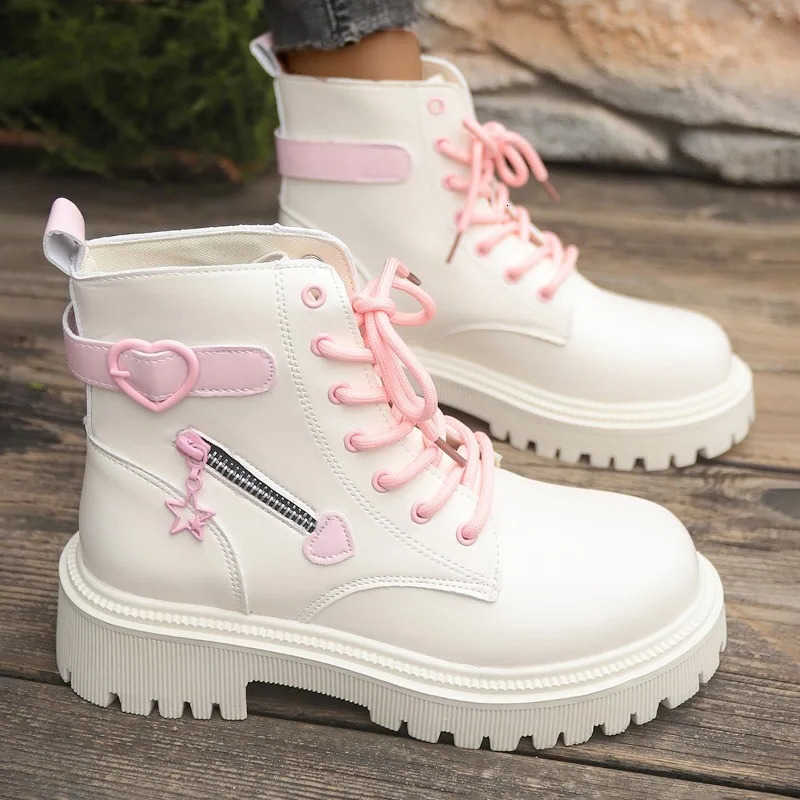 New Women's Pink Love Style Women's Platform British Short Korean Edition Mid-leg Boots D260917