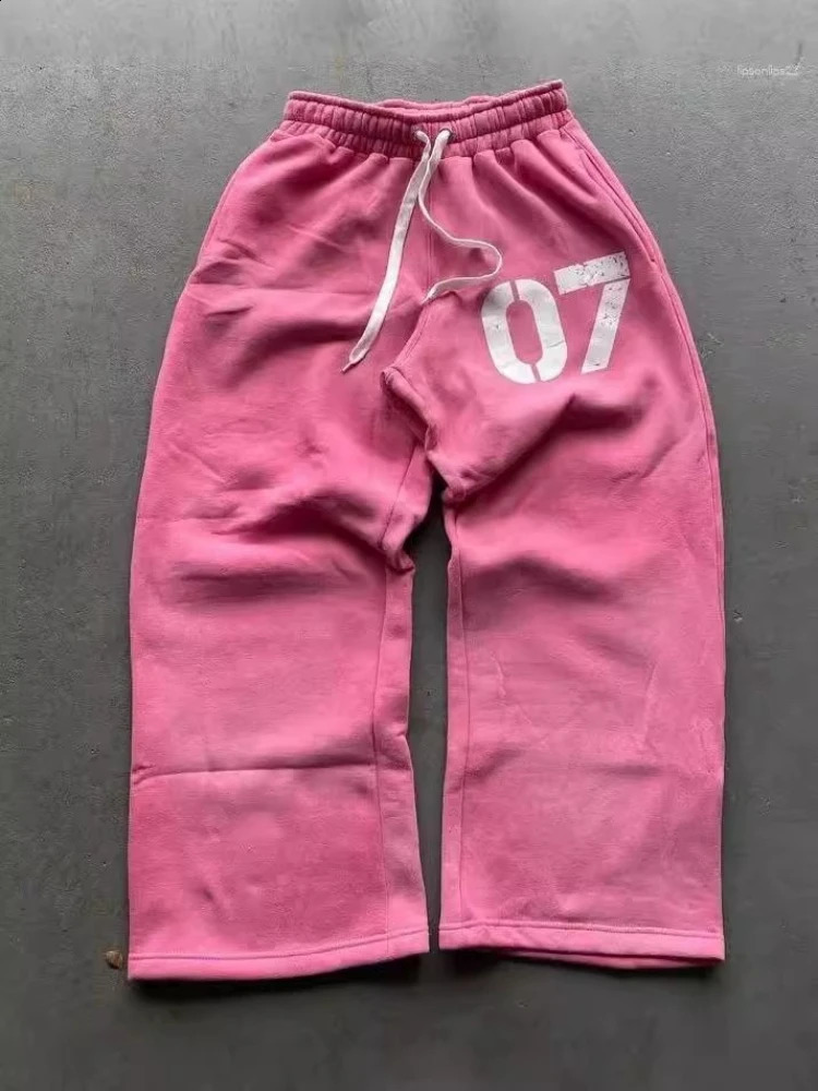 HOUZHOU Y2k Pink Graphic Women Sweatpants Gray Wide Leg Jogging American Vintage Man Trousers Casual Baggy Hip Hop Streetwear 260917