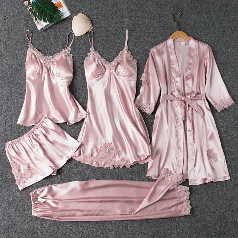 Women Pajamas New Silk Robe S Lace Satin Pamas Dress Set loungewear V Neck Cami Home Spring Sleepwear 960