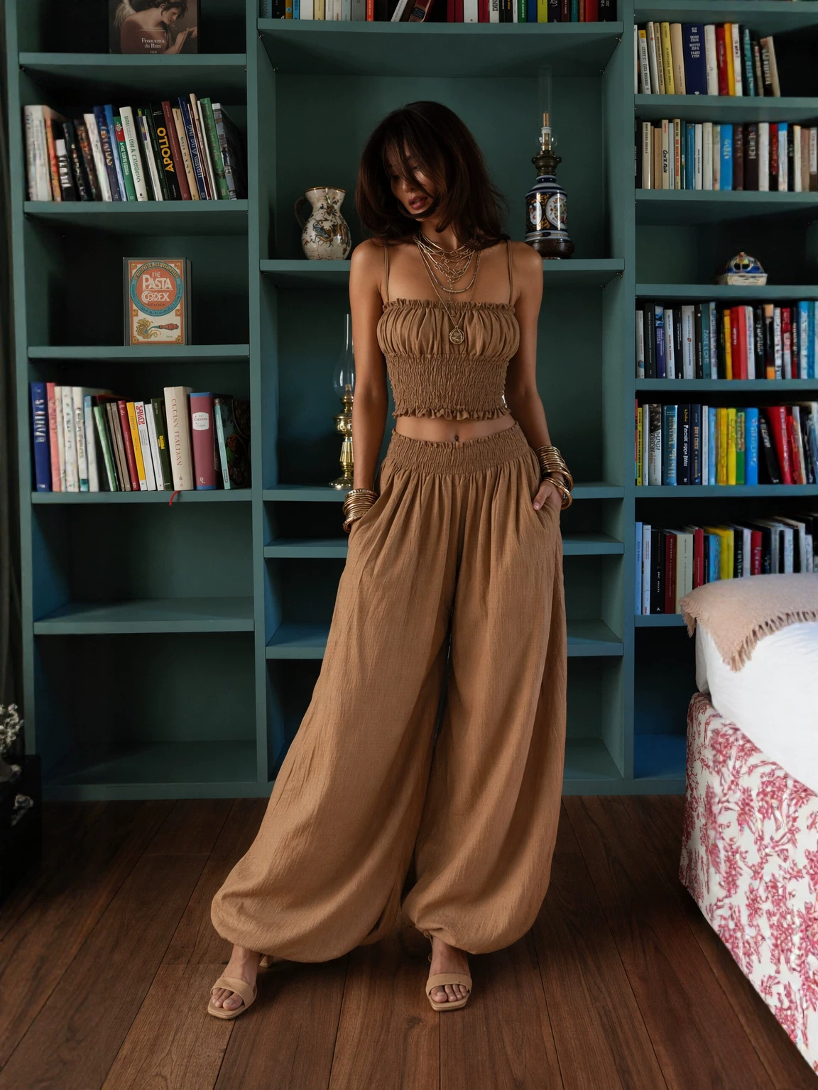 European American minimalist style, elegant wrap-front lantern pants set, two-piece outfit women, short-length, with halter top, perfect for a chic,