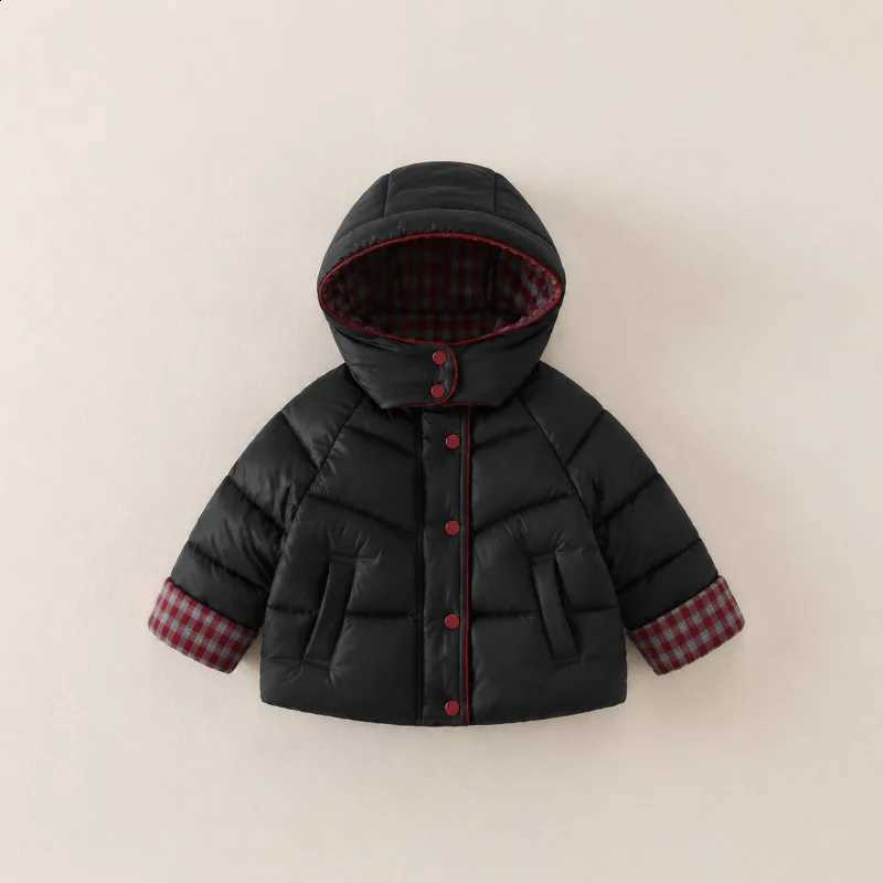 2026 New Winter Minimalist Children's Hooded Plaid Warm and Thickened Concealed Button Cotton JacketT260916
