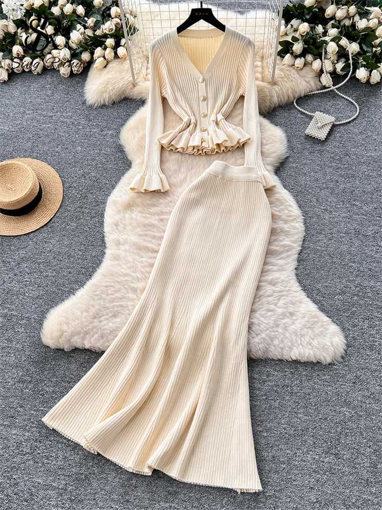 Party Evening SINGREINY Sweater Senior Suits V Neck Elastic Slim Fit Tops+High Waist Mermaid Skirt Autumn Warm Knit Women SetsW260915