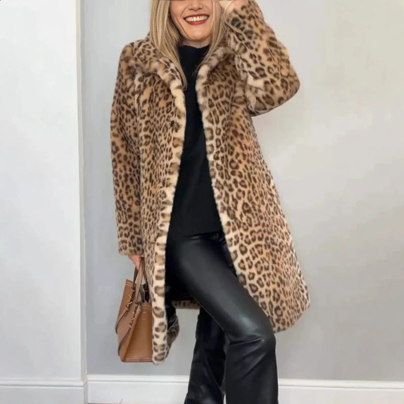 Thick Coat Women Leopard Print Midi Length Coats Cardigan Turn Down Collar Streetwear Spliced Warm Jackets Winter 260917