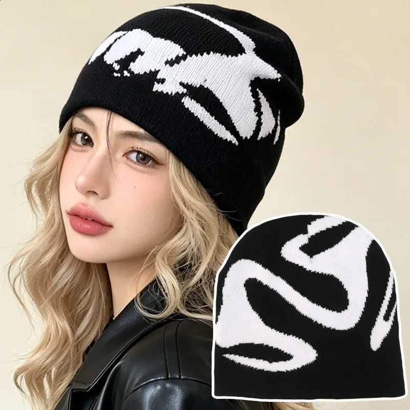 Black Vintage Y2K White Knitted Beanies Cap American Funny Jacquard Hip-hop Hat Winter Outdoor Windproof Skullies Beanies HatsT260916