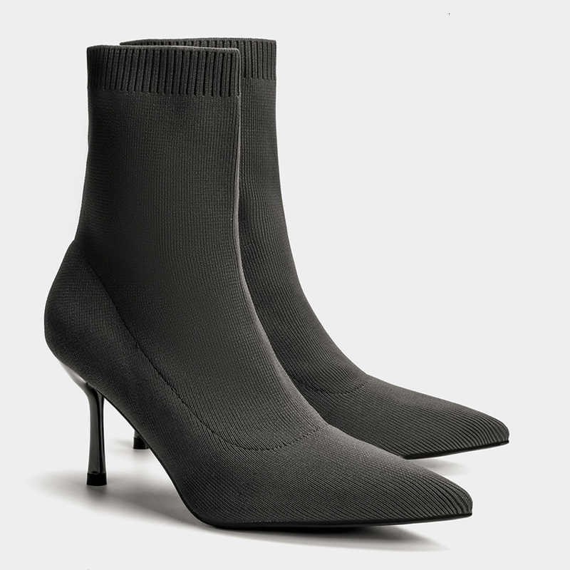 Knitting Liyke Grey Designer Woman Stretch Fabric Sock Boots Elegant Pointed Toe Ankle Boot High Heels Party Prom Shoes Size 40 D260917