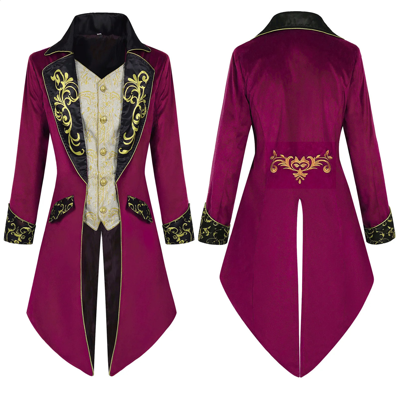 2026 Mens Black GoldPrinted Gothic Steampunk Tailcoat Vintage Victorian Style Trench Jacket 260914